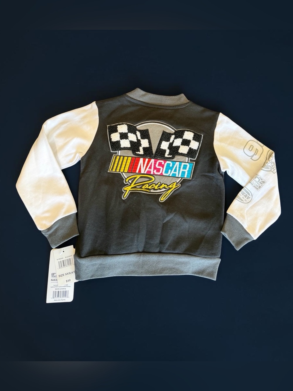 Boys Nascar Black & White Colorblock Sweater Jacket w Racing Patch Size S 4-5